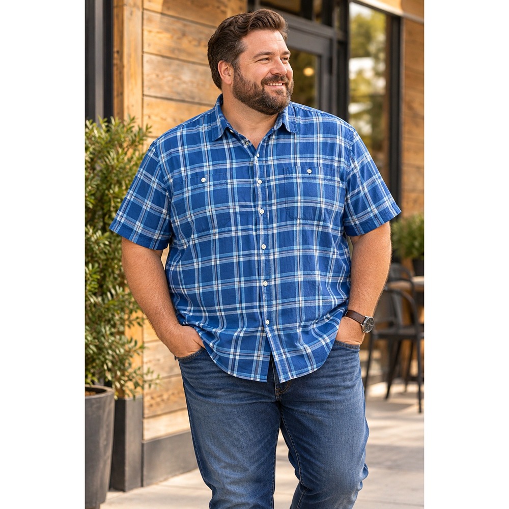 Foundry 4XLT Short Sleeve Button Down Shirt Blue Plaid Big & Tall Dad Style